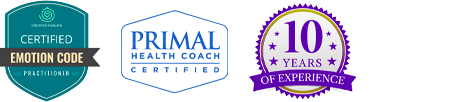 Logos showing Certified Emotion Code Practitioner, Primal Health Coach, and 10 Years of Experience badge